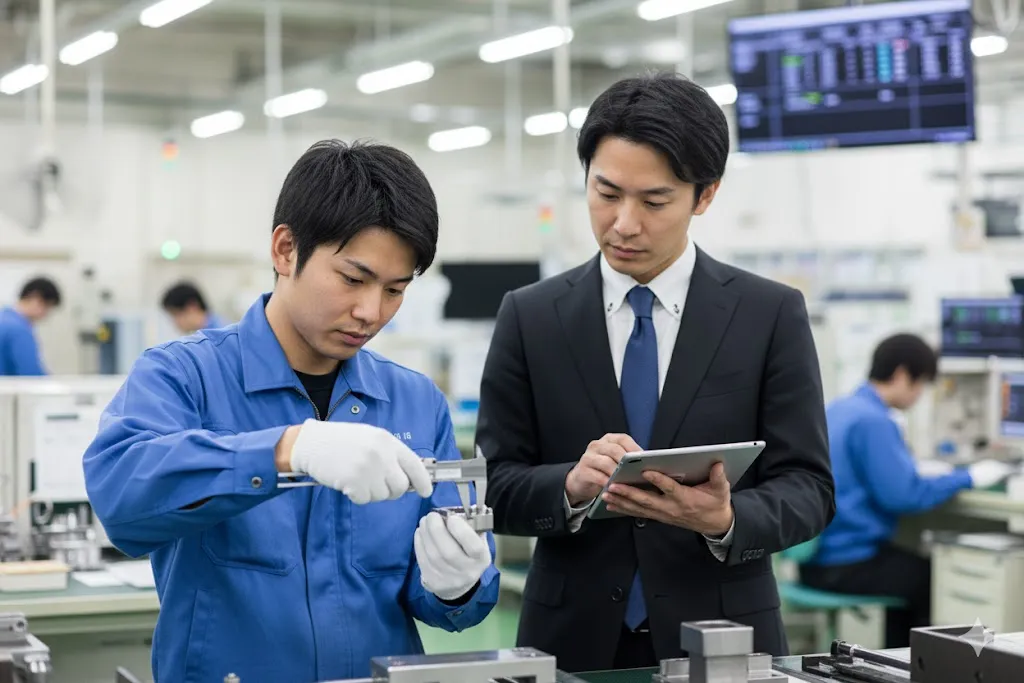 製造委託先(協力会社)の工場で品質検査に立ち会う調達担当者