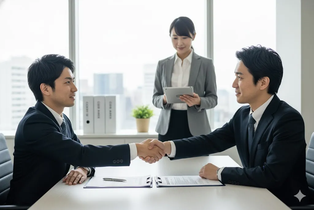 協力会社との調達契約が成立し、握手を交わすビジネスパーソン