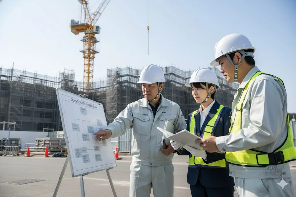 建設現場で施工体系図を見ながら打ち合わせを行う作業員たち