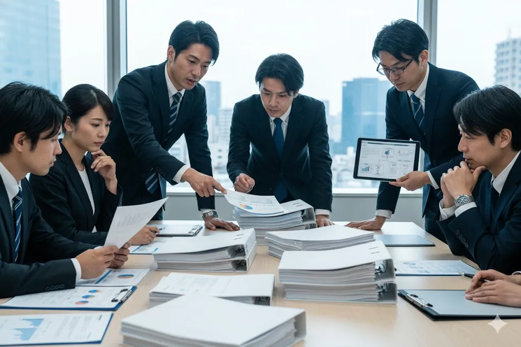 オフィスの会議室でコンプライアンスについて議論するビジネスパーソンたち