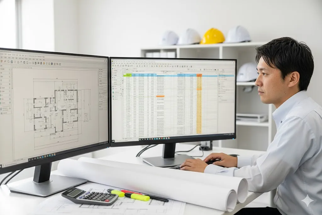 デュアルモニターで図面と計算ソフトを確認しながら積算業務を行う建設担当者