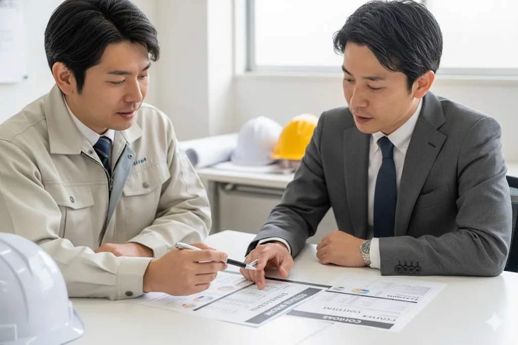 発注者に対して積算書の内訳と根拠を丁寧に説明する建設会社の担当者