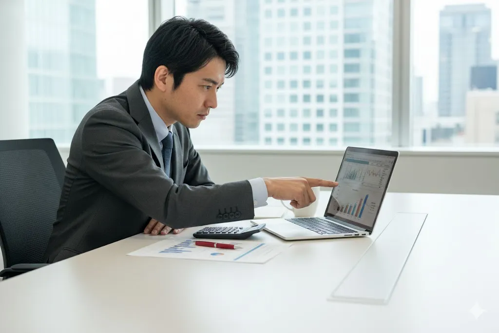 オフィスでパソコンと電卓を使い慎重に見積書の項目をチェックしているビジネスパーソン