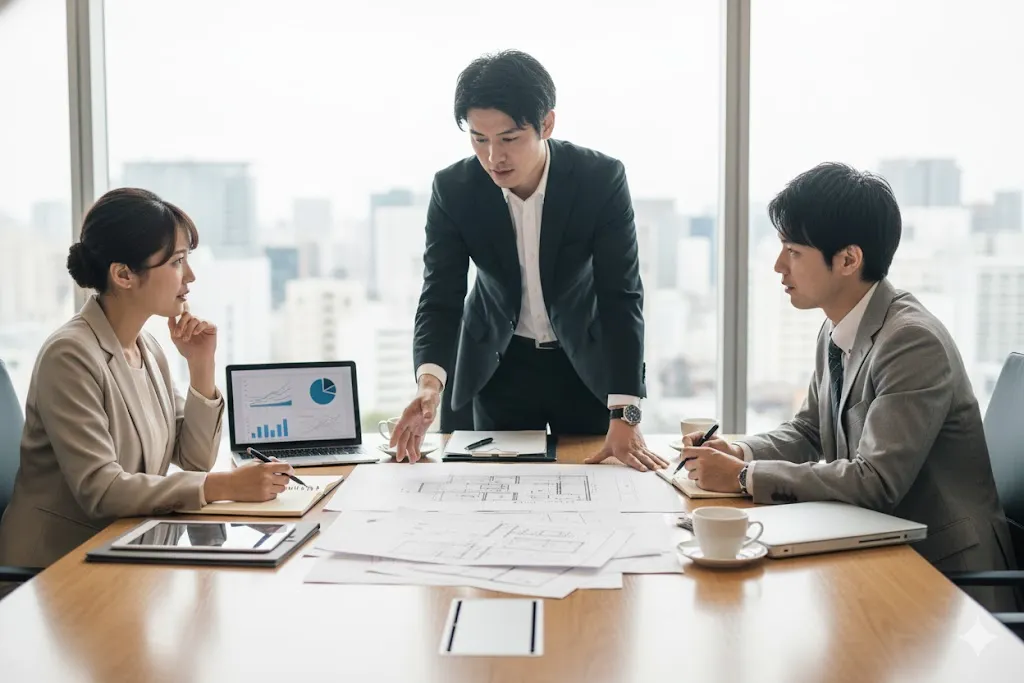 会議室で顧客の要望をヒアリングしながら要件定義を行う担当者たちの様子