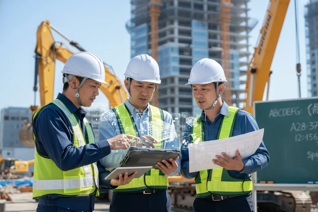 建設現場でタブレットを見ながら新技術について議論する技術者たち