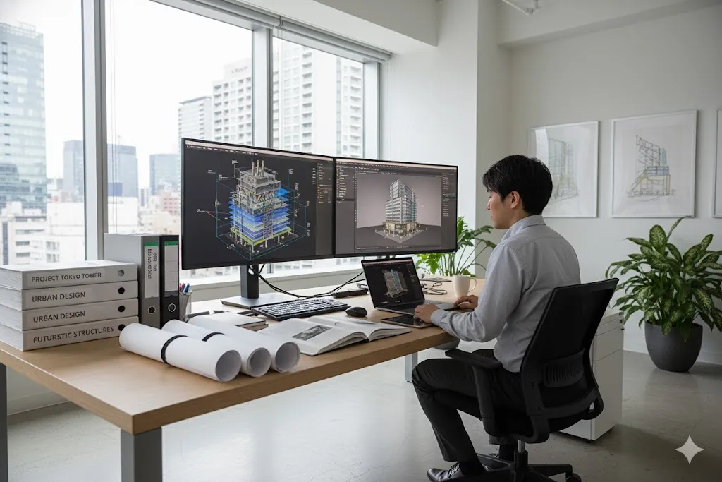 設計事務所で3Dモデルを確認する建築家