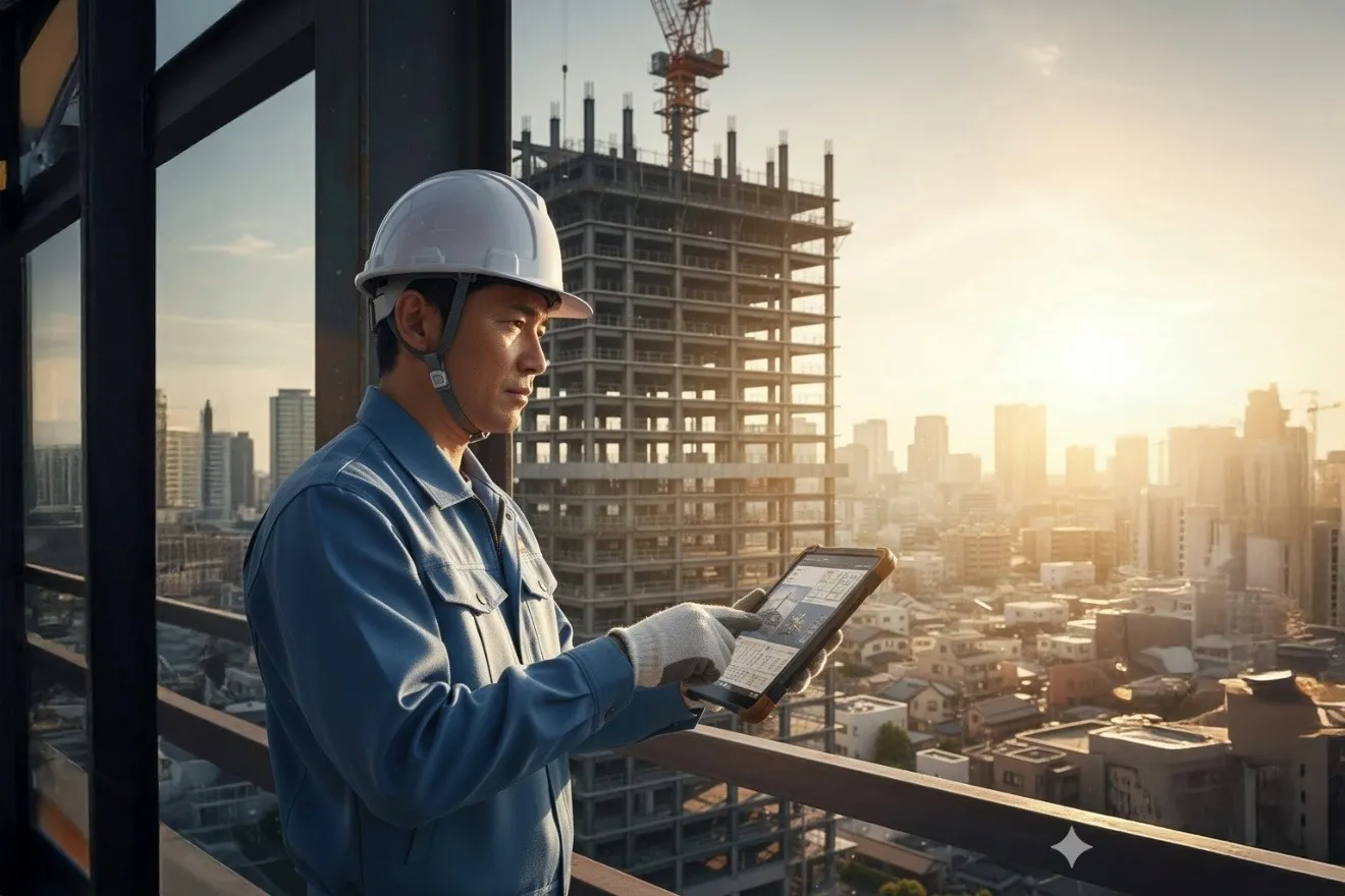 建設現場でタブレットを確認する現場監督