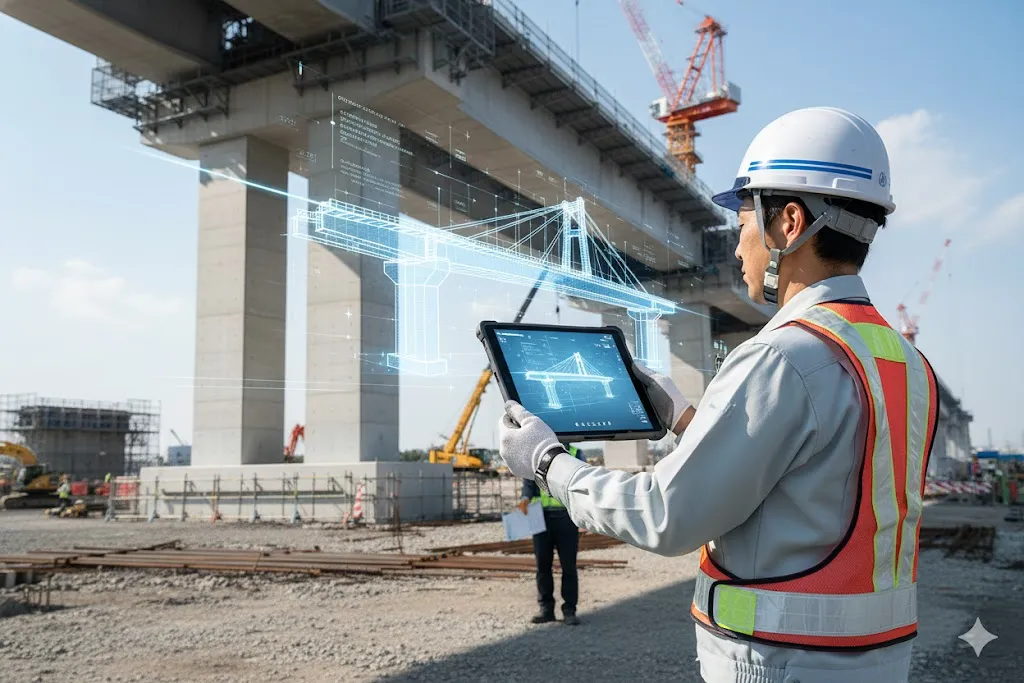 実際の建設現場とデジタル3次元モデルが融合し、タブレットで管理されている様子