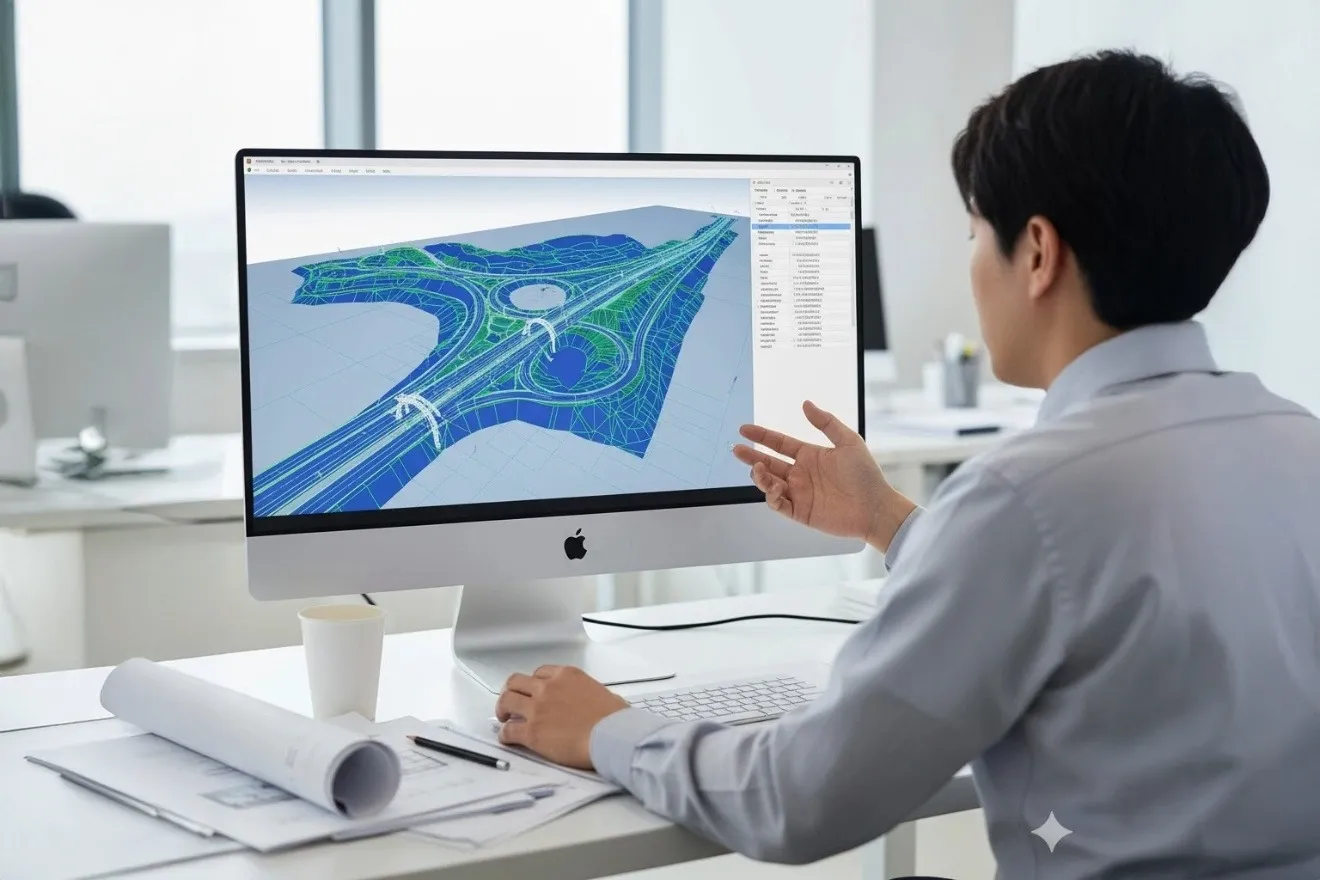 オフィスで橋梁の3次元モデルを確認・操作する建設技術者