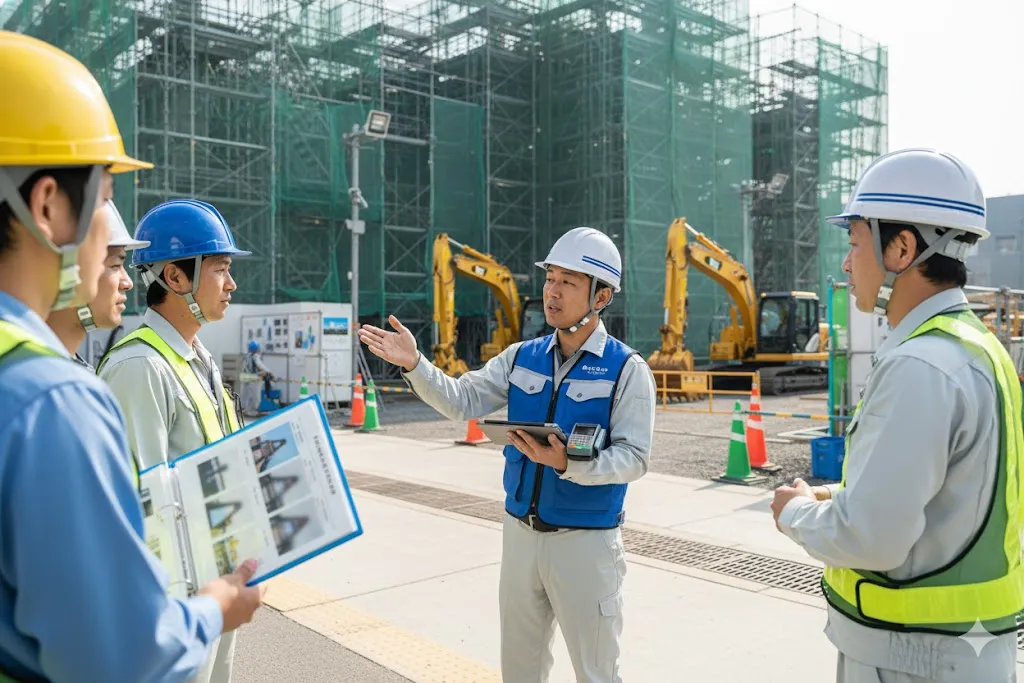 建設現場でカードリーダーの利用方法を作業員に説明する元請企業の現場監督