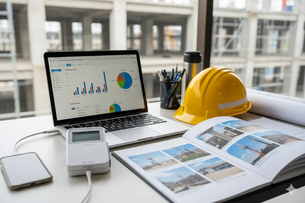 建設現場の事務所に設置されたCCUS用カードリーダーと管理用パソコン