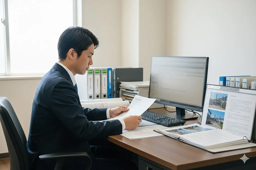 NETIS申請書類とPC画面を確認する建設会社担当者