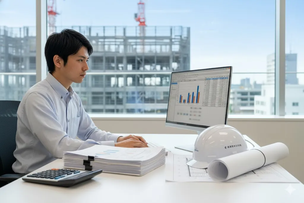 建設業の経理業務を行う担当者とデスク上の図面やヘルメット