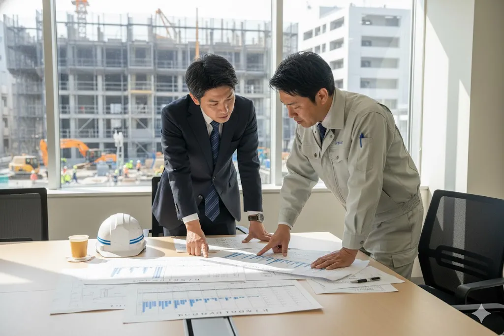 人事担当者と現場監督が採用計画について打ち合わせをしている様子