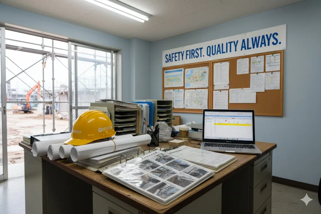 建設現場事務所での労務と安全管理のイメージ