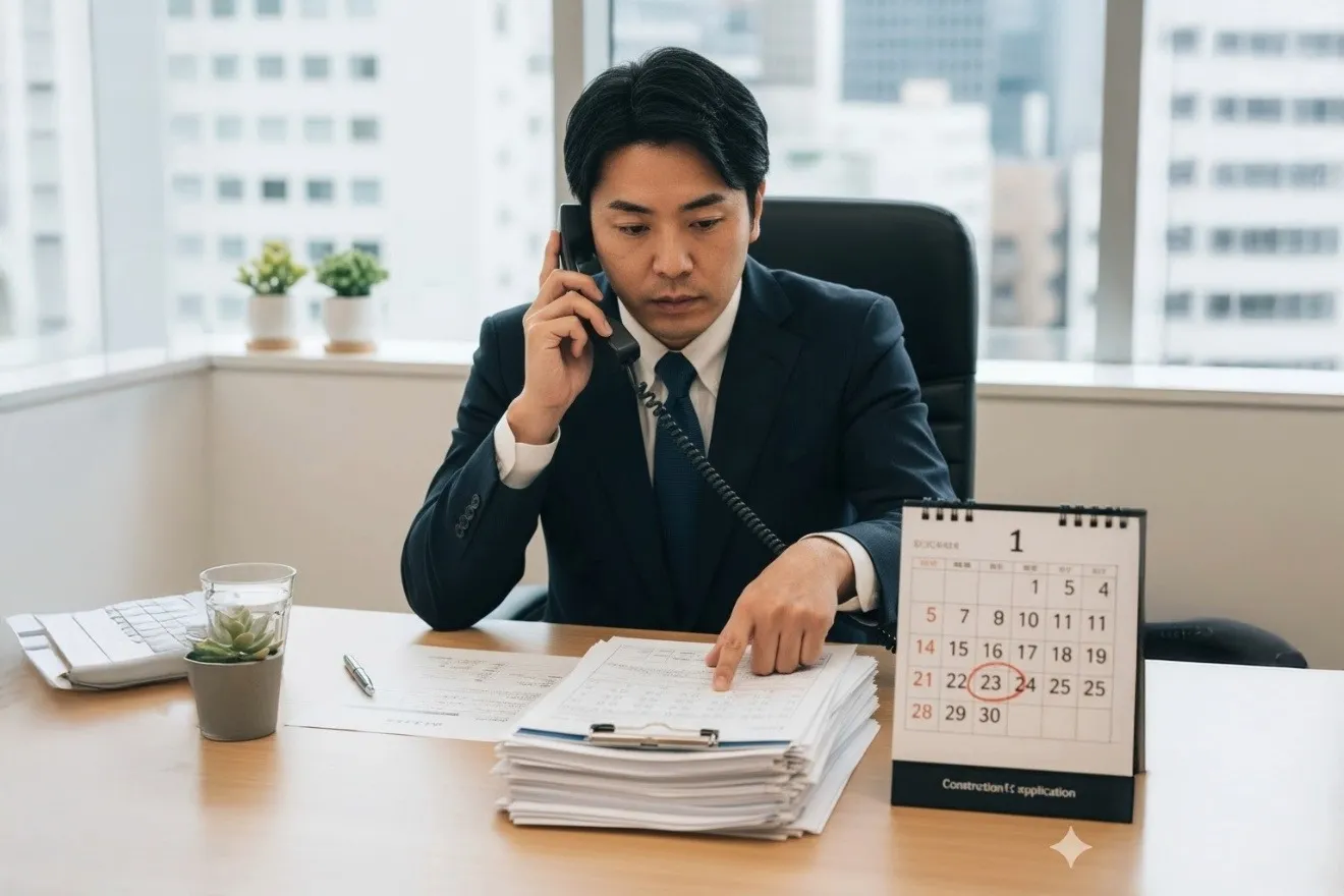 カレンダーで更新期限を確認しながら申請書類を準備する建設業者