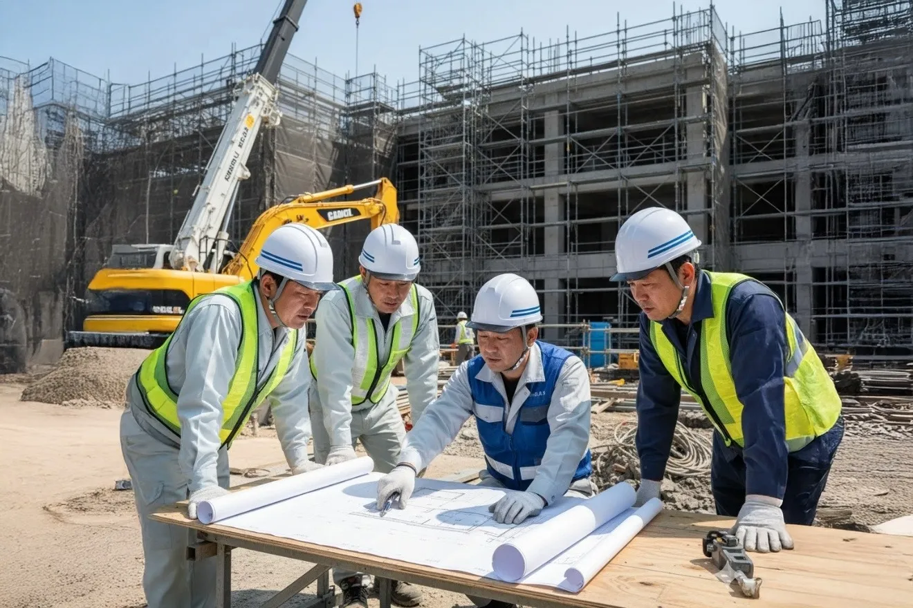 建設現場で図面を確認し打ち合わせを行う現場監督と作業員