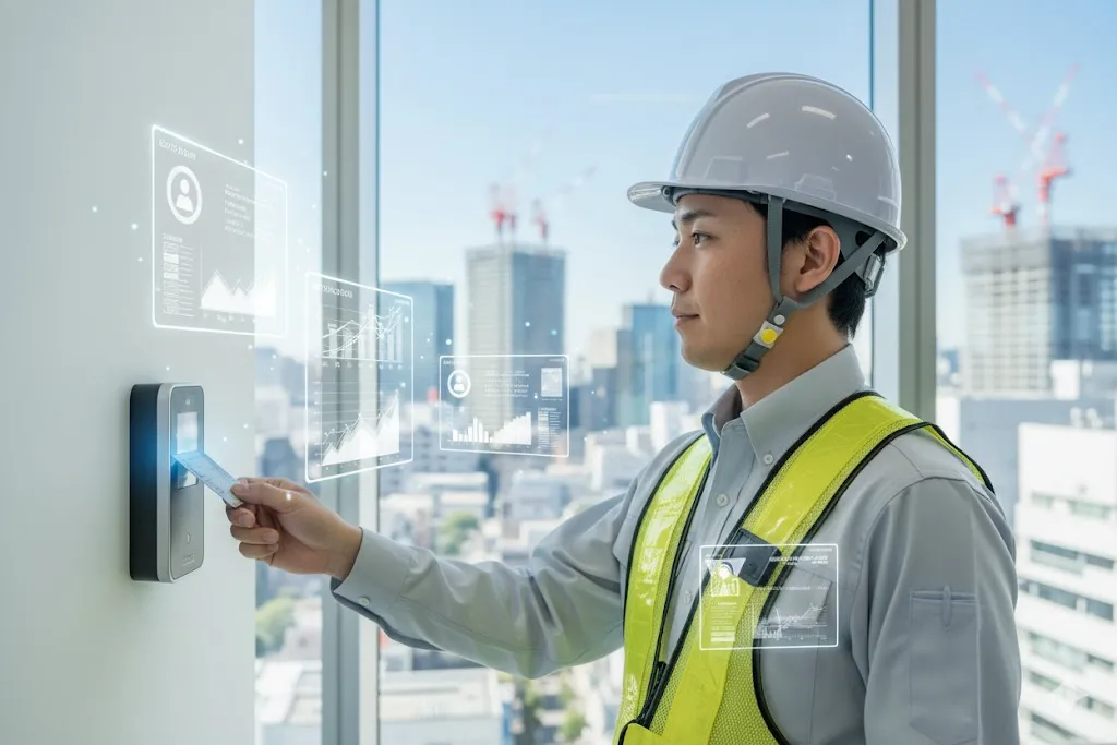 建設技能者が現場のカードリーダーにCCUSカードをかざし就業履歴を記録している様子