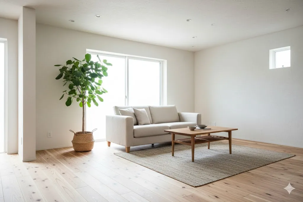 サステナブルで環境配慮型の明るいリビングルーム