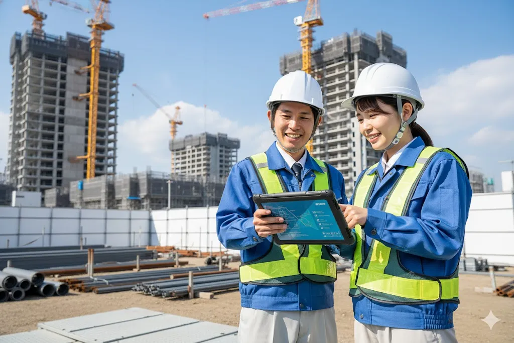 タブレットを活用して建設現場で施工管理を行う男女の様子