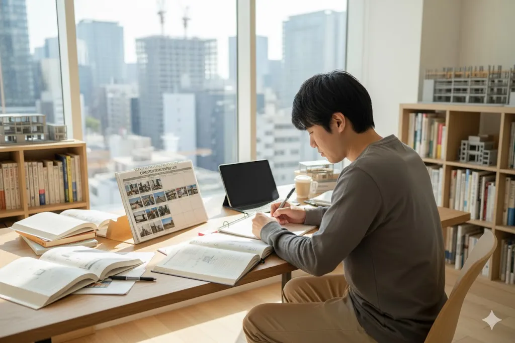 建設業界でのキャリアアップに向けて資格取得の学習計画を立てる人物