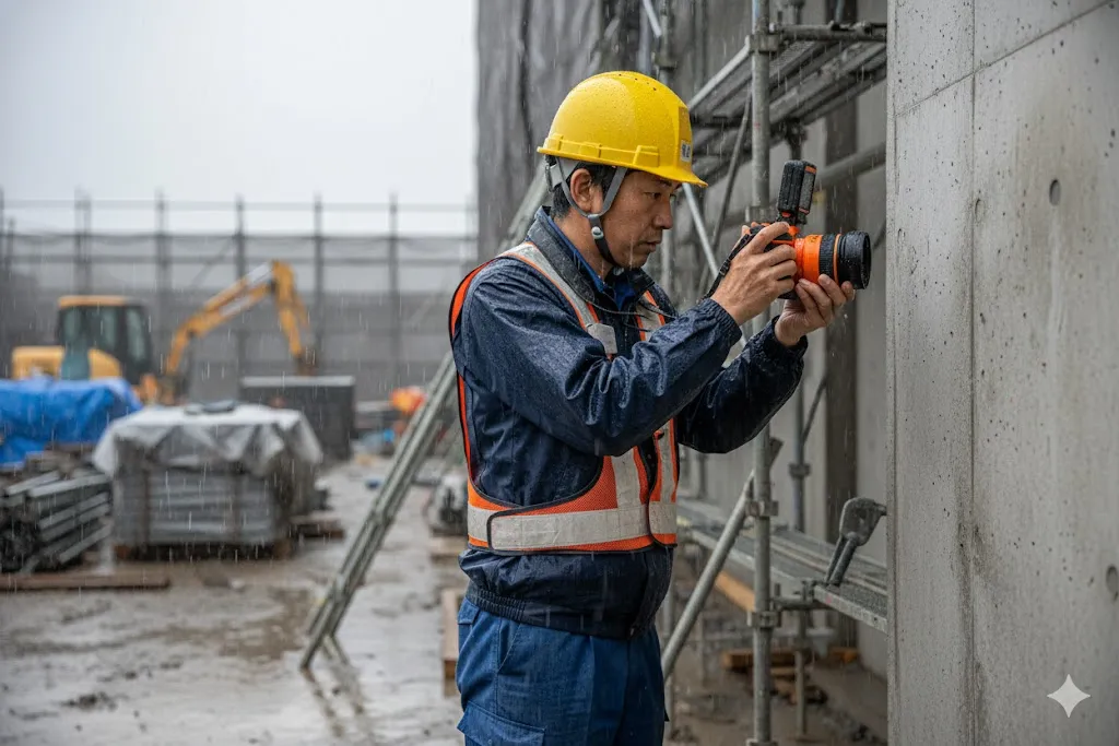 雨天の建設現場で防水性能の高い工事用デジタルカメラを使用して撮影を行う現場監督の様子