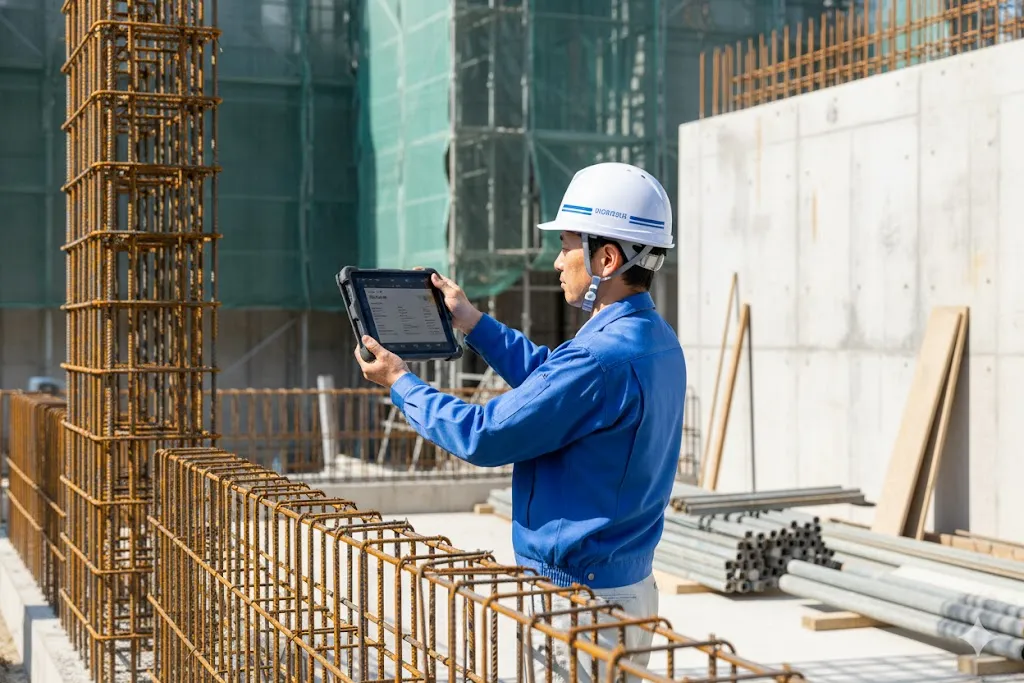 電子小黒板を使用して鉄筋工事の写真を撮影する現場監督