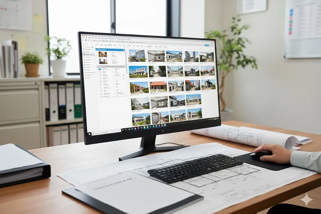 効率的に工事写真台帳を作成するPC作業の様子