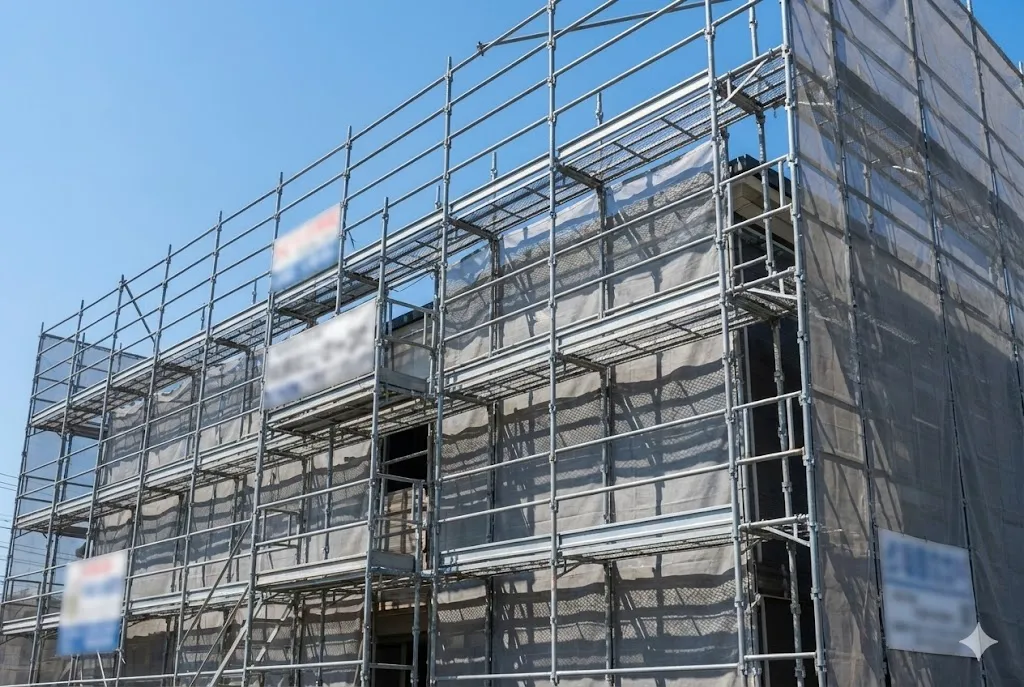 法令基準に適合した手すりとメッシュシートが設置された建設現場の足場