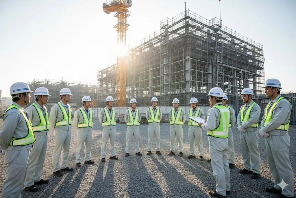 建設現場の朝礼で安全指示を聞く作業員たちのチーム