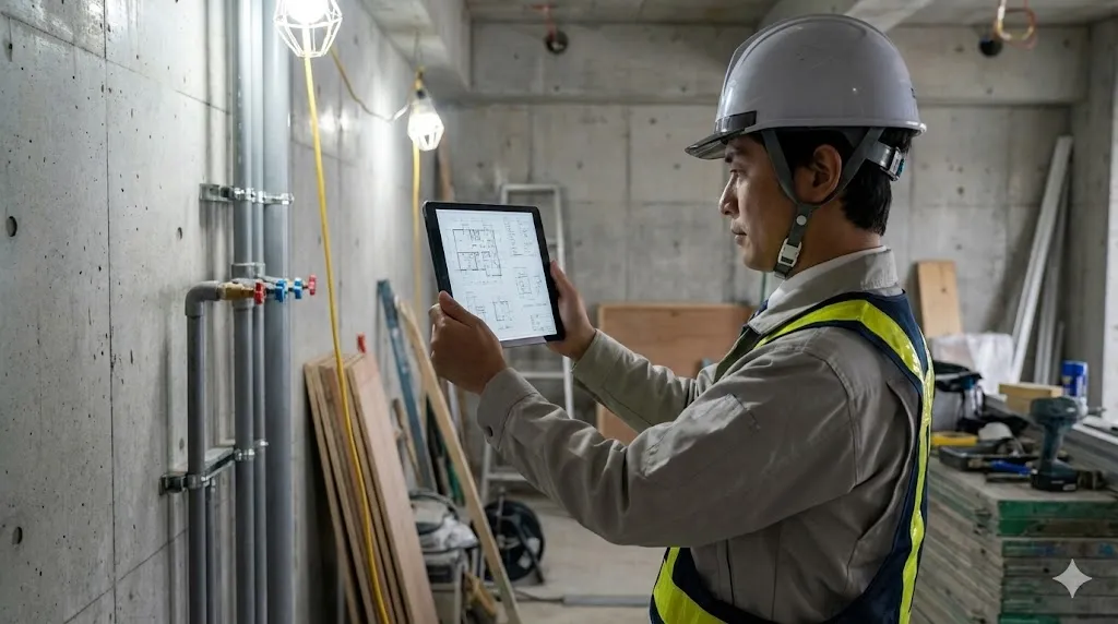 建設現場でタブレットを使い追加工事の変更箇所を記録する現場監督