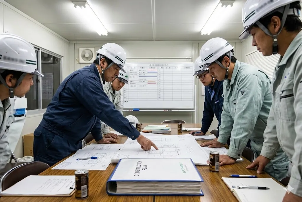 建設現場の事務所で施工計画書を見ながら打ち合わせをする現場監督と作業員