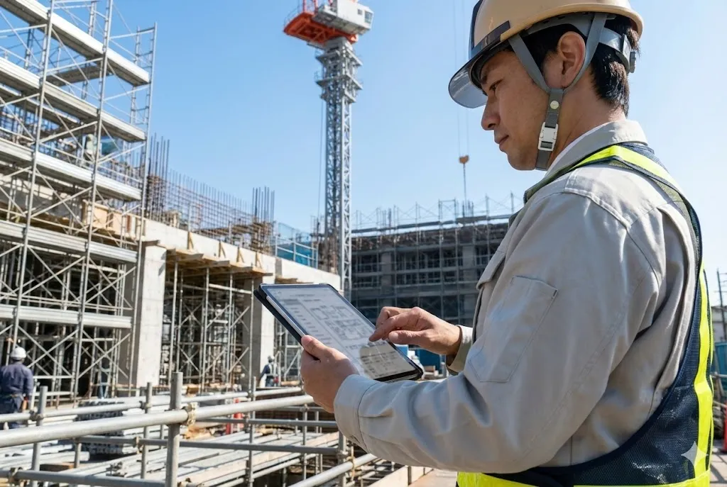 建設現場でタブレット端末を使って施工管理システムを確認する作業員