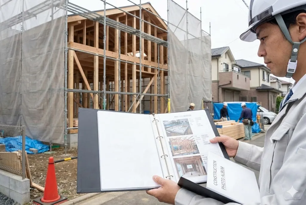 会議室で上司と部下が資料を見ながら穏やかに評価面談を行っている様子