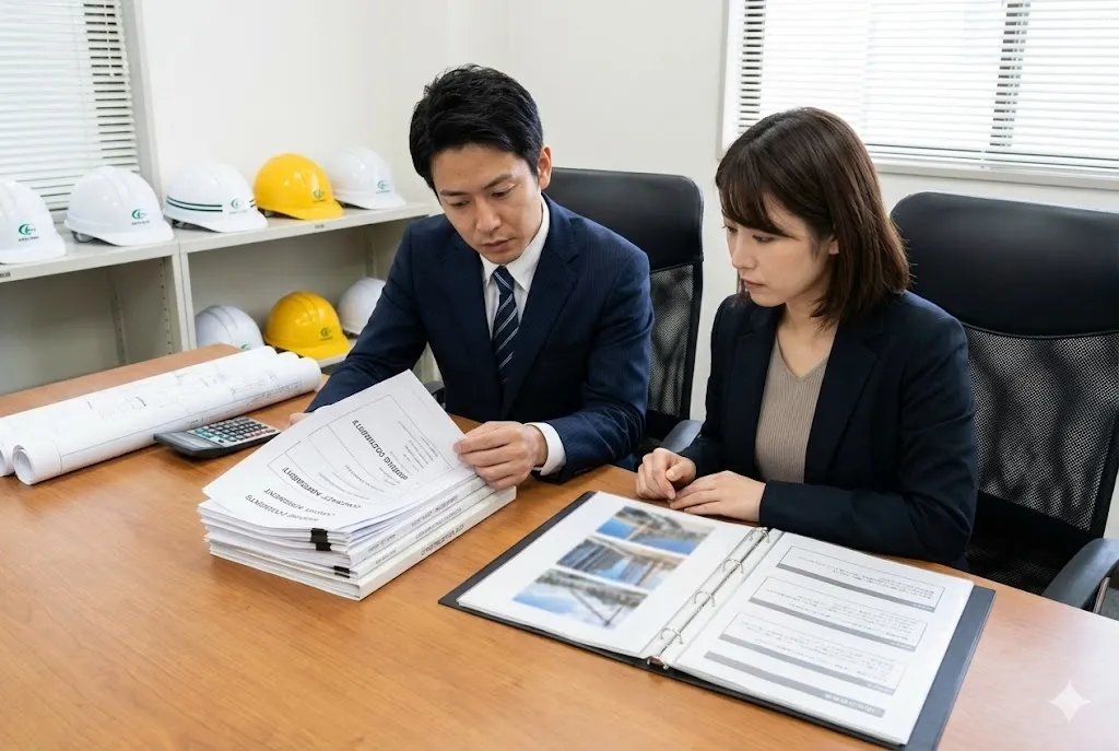 入札参加資格の書類や法令を確認する建設会社の担当者