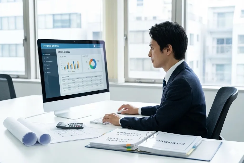 電子入札システムを使って入札書を提出する建設会社の担当者