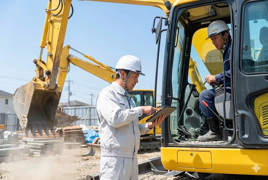 タブレット活用と重機による建設業のDXと設備投資イメージ