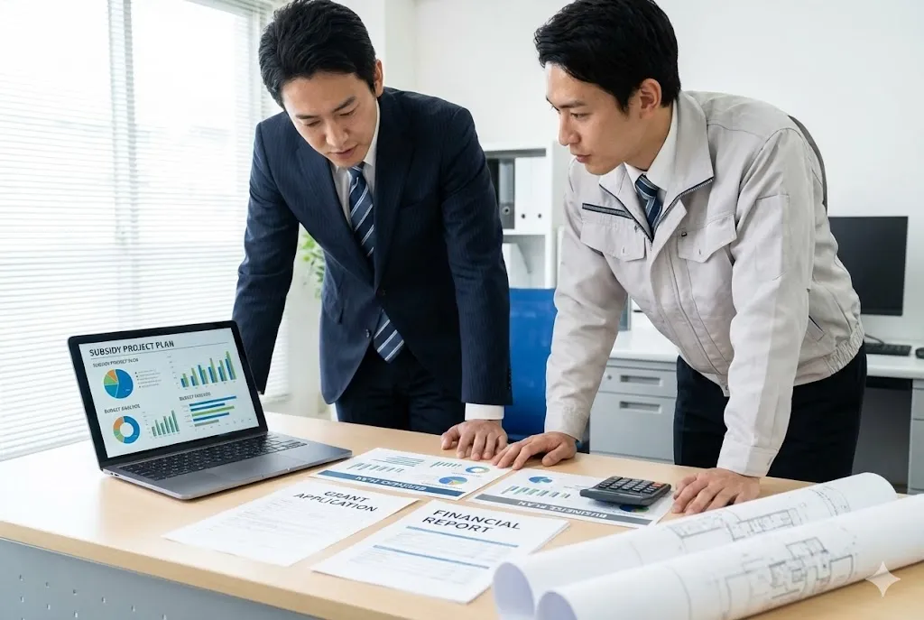 建設会社のオフィスでの補助金申請に向けた事業計画打ち合わせ