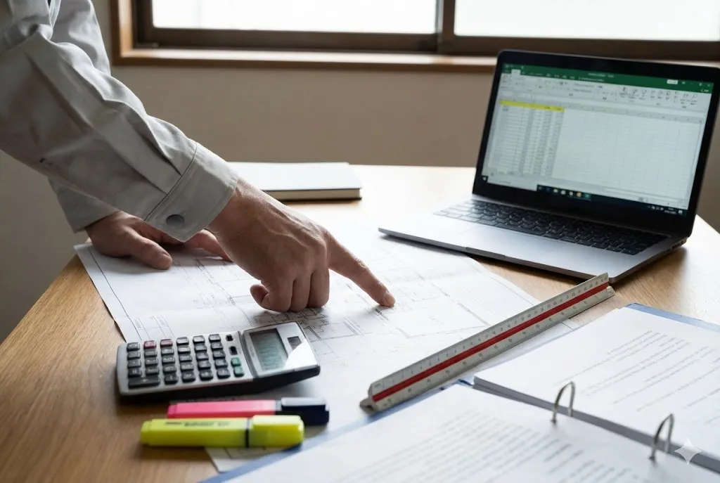 設計図面と電卓を用いて数量拾い出しを行う積算業務の様子