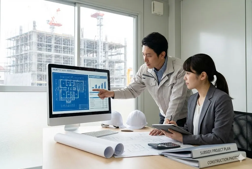 積算ソフトの画面を確認しながらダブルチェックを行う建設業の担当者