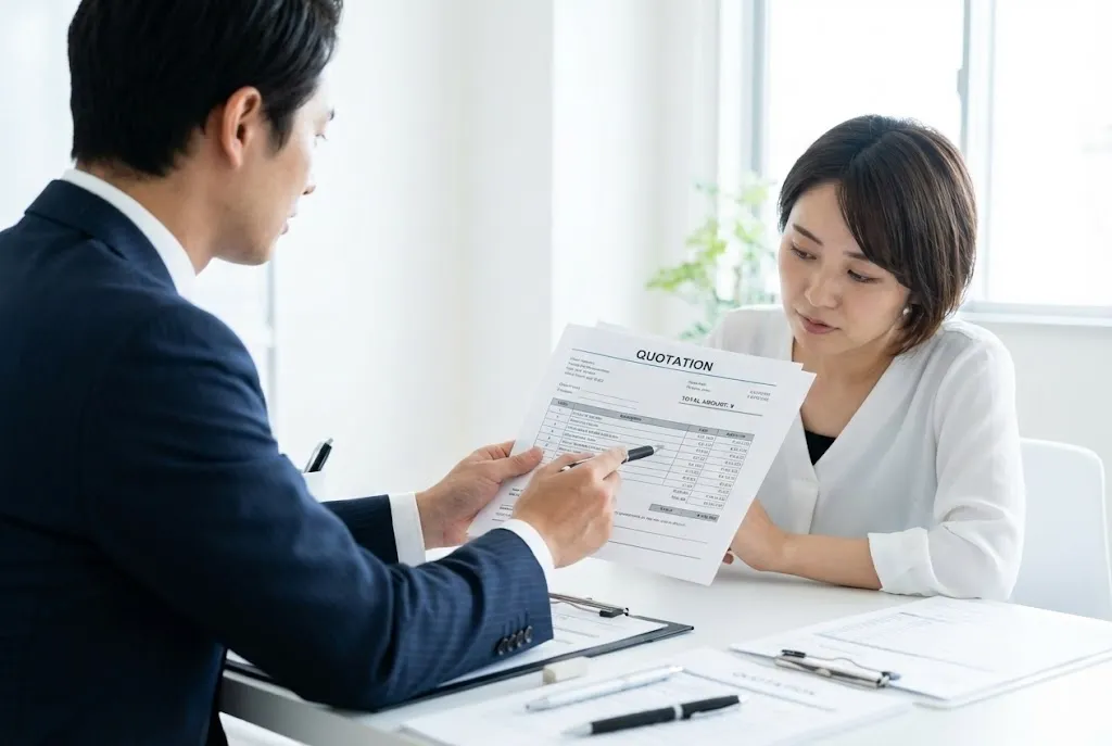 見積書の内訳について顧客に丁寧に説明する担当者