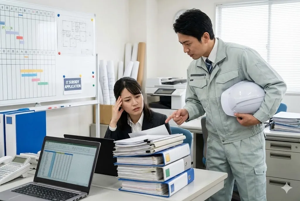 書類作成に追われる建設会社の事務員と現場監督