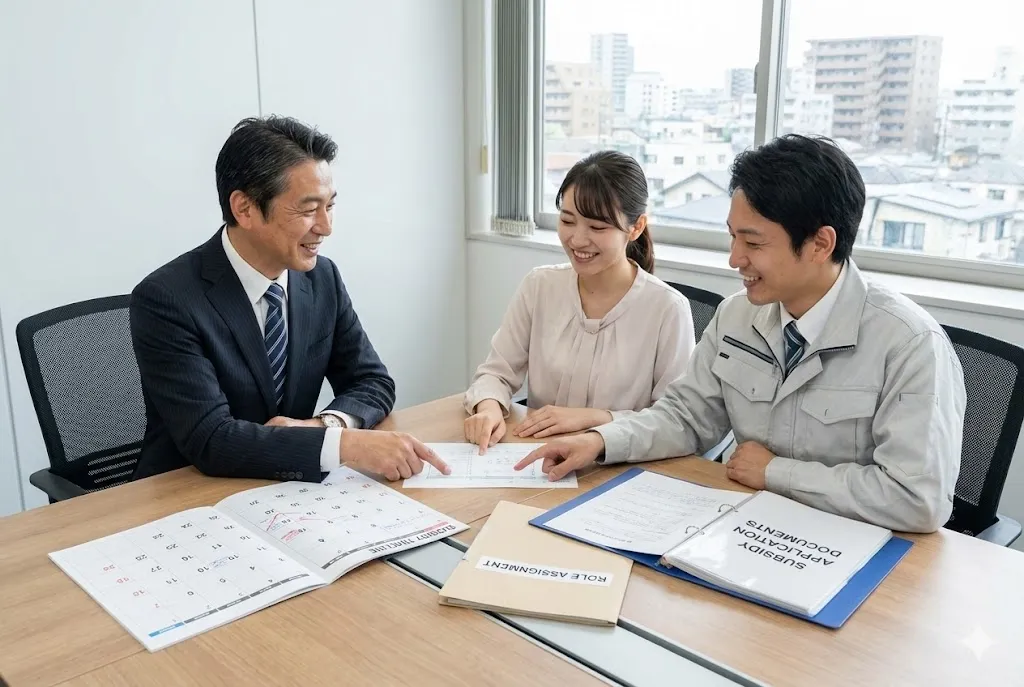 建設業の届出業務について役割分担を話し合う社内チーム