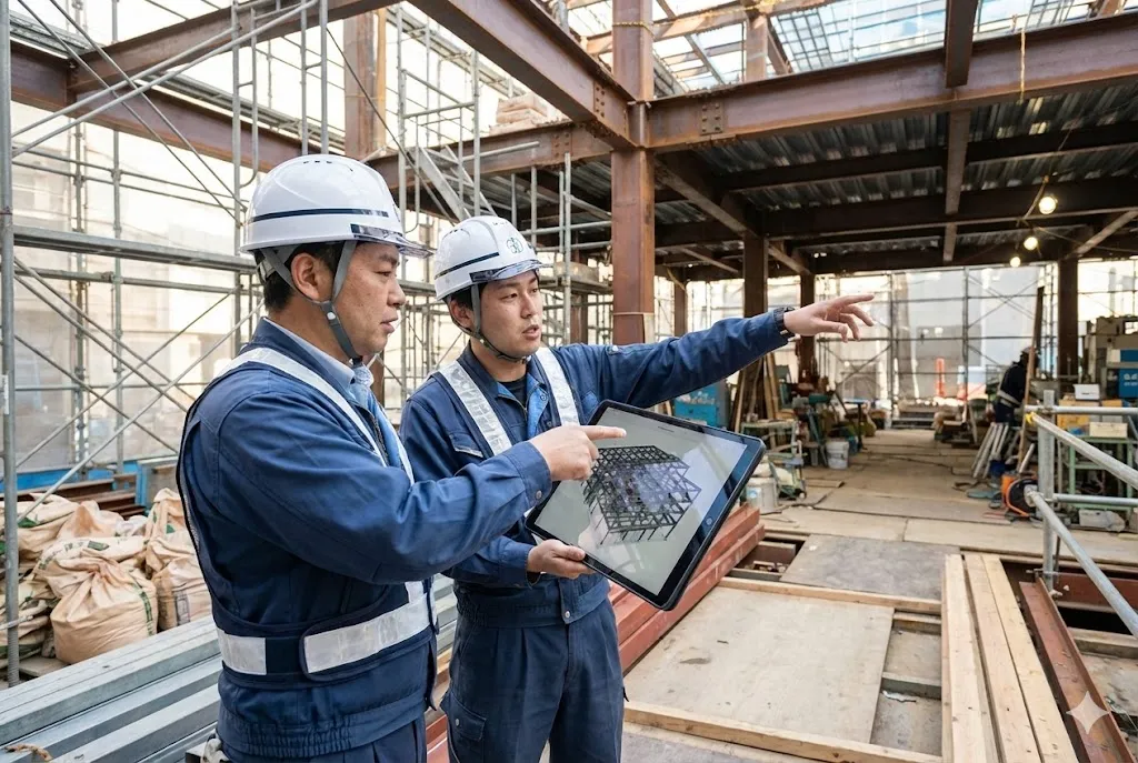 オフィスでBIMモデルを見ながら議論するプロジェクトチーム