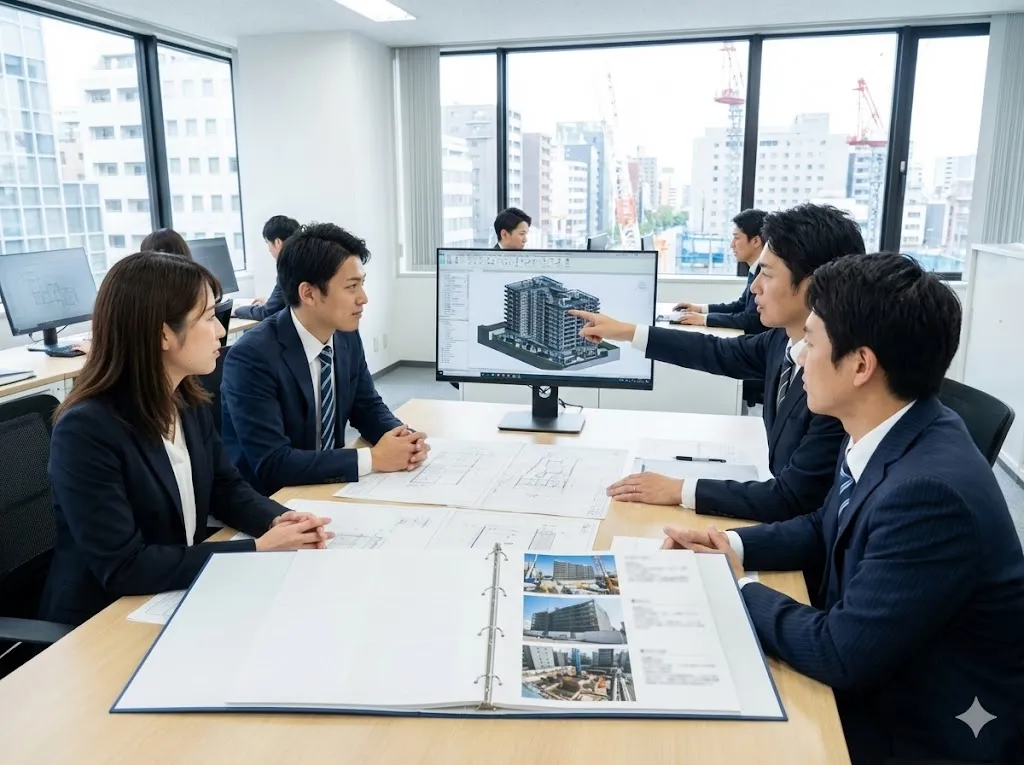 建設現場でタブレットのBIMモデルを確認し施工管理を行う様子