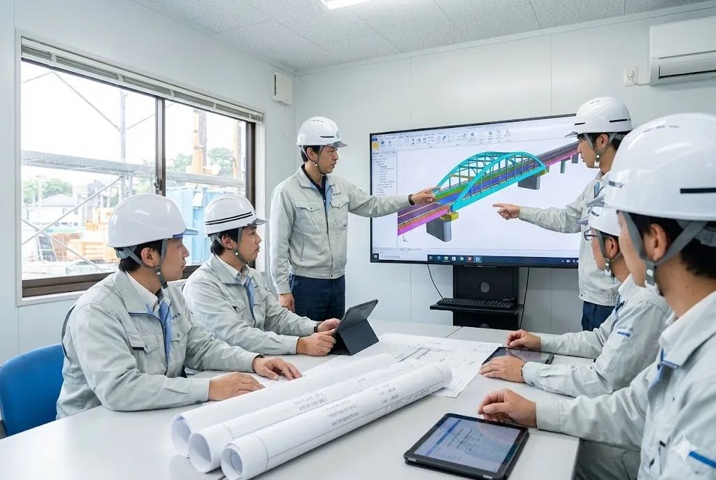 大型モニターで3次元橋梁モデルを確認しながら議論する建設技術者たち