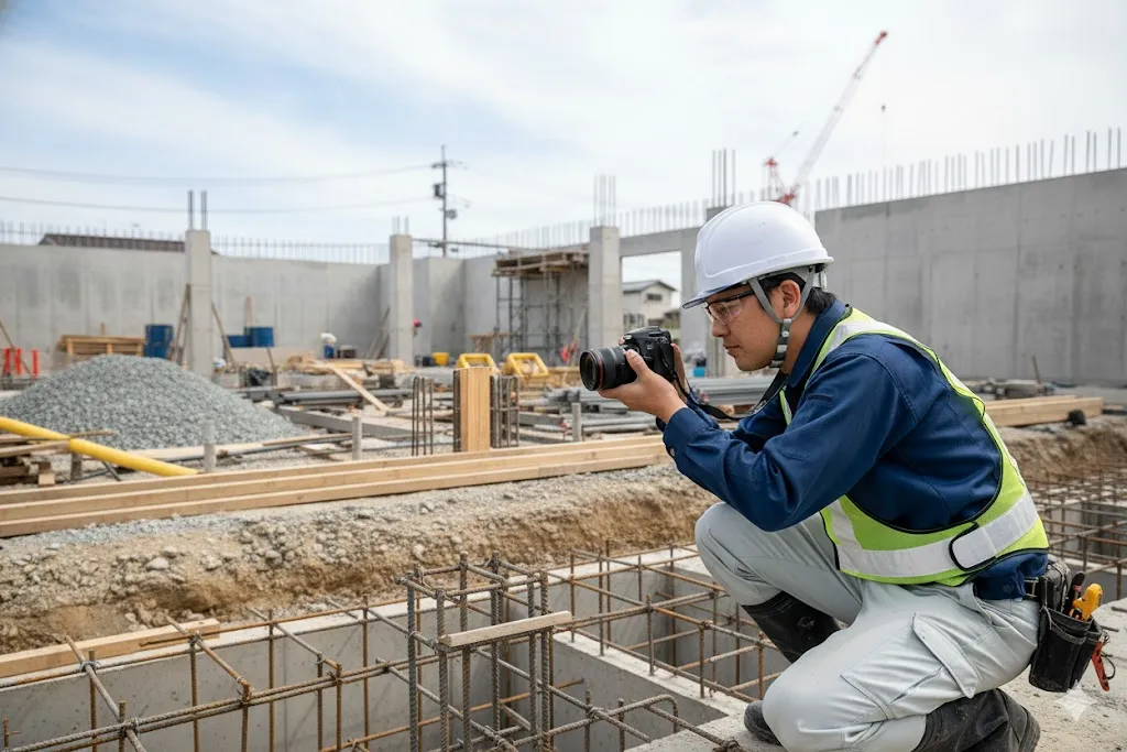 ヘルメットを着用した現場作業員が、工事黒板と共に建物の基礎部分をデジタルカメラで撮影している場面
