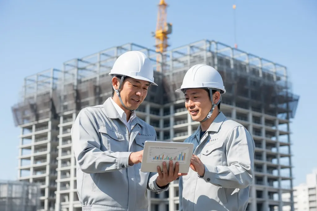 建設現場でタブレットを使い原価管理の情報を共有する現場監督と作業員