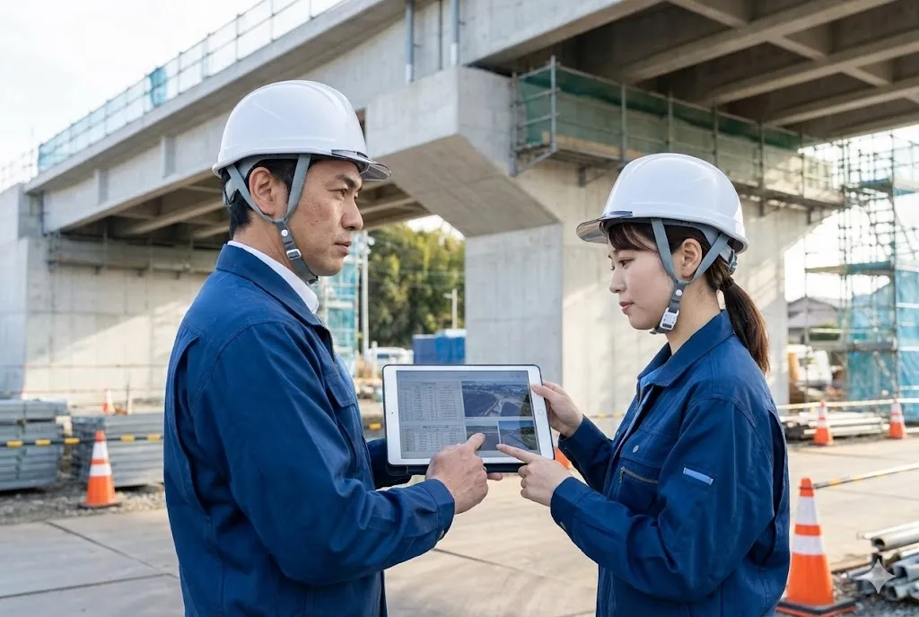 建設現場でタブレットを見ながら新技術の適合性を議論する技術者たち