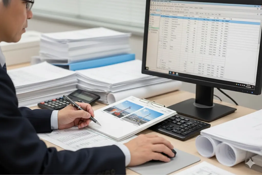 NETIS登録申請に必要な大量の積算資料と格闘する担当者